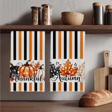 2PCS Kitchen Towels Autumn Striped Pumpkin Maple Leaf Black Orange Striped Print Pattern, Super Fine Fiber Material Soft Kitchen Towels Dish Cloths, Hand Towels, Tablecloths, Halloween Kitchen Decor, Kitchen Cleaning, Bathroom Cleaning, Holiday Party Decor, Kitchen Bathroom Supplies Home Essentials, Home Decor, Housewarming Gift - Orange - View 6