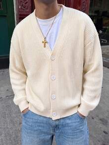 ANDREILEE 男士秋冬歐美休閒寬鬆通勤極簡羅紋百搭鈕扣開襟長袖針織外套 - 米色 - 查看 1