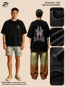 230g Washed Double-Sided Printed Short Sleeve-Shirt, Round Neck Relaxed Fit Casual Tee, Soft Lightweight Versatile Basic Top Daily Wear. - Black - View 3