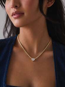 1pc Minimalist Rhinestone Tennis Chain Necklace, Single Heart-Shaped Transparent Rhinestone Pendant Delicate Collarbone Chain, Minimalist Women's Daily Layering Neck Accessory - Rhinestones - View 9