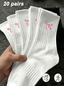 1/5/6/20/30雙女款粉色蝴蝶結白色中筒運動襪－簡約舒適甜美柔軟－適合日常穿著、運動、派對 - 白色 - 查看 16