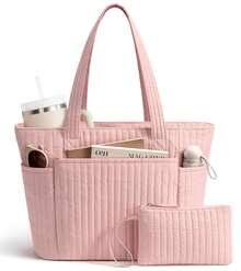 Quilted Tote Bag For Women, Puffer Cotton Zip Laptop Work Tote Purses Handbag Shoulder Bag For Teacher, Nurse, Travel, School | Work Bag | School Bag - 粉色 - 查看 1