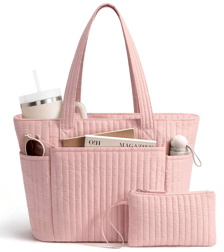 Quilted Tote Bag For Women, Puffer Cotton Zip Laptop Work Tote Purses Handbag Shoulder Bag For Teacher, Nurse, Travel, School | Work Bag | School Bag - 粉色 - 查看 1