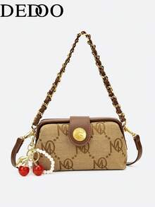 Dedoo Retro Letter Print Canvas Women Underarm Bag Leather Chain Strap Cherry Charm Decor Multi-Use Crossbody Purse Daily Handbag - Khaki - View 1