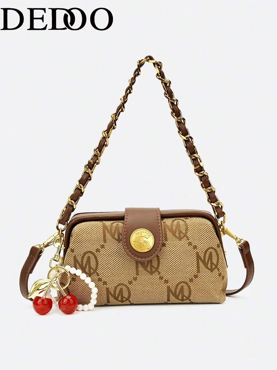 Dedoo Retro Letter Print Canvas Women Underarm Bag Leather Chain Strap Cherry Charm Decor Multi-Use Crossbody Purse Daily Handbag - Khaki - View 1