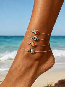 4pcs Minimalist Casual Fun Colorful Fish Transparent Fishing Line Anklets For Women, Daily Beach Vacation Matching - Multicolor - View 2