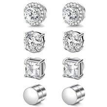 4 Pairs Stainless Steel Magnetic Stud Earrings Set, Unisex, No Piercing Required, Low Allergy, Round And Square Magnetic Ear Studs - Silver - View 5