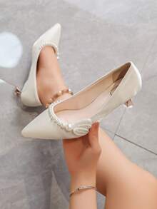 Fashionable Elegant Beaded Decor Pointed Toe High Heel Shoes - Beige - View 4
