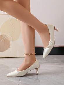 Fashionable Elegant Beaded Decor Pointed Toe High Heel Shoes - Beige - View 6