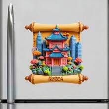 韓國宮殿與塔樓展開卷軸磁鐵，古老屋簷與現代天際線低語，適用於家中所有金屬表面的紀念品 - B - 查看 2
