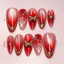 10pcs Medium Almond Shaped Fake Nails, Red Nude Glitter Cat Eye Gold Metallic Bow Star Rhinestone Pearl Decor, Removable Waterproof Press-On Nail Set, Suitable For Bride, New Year, Party, Date - 紅色 - 查看 6