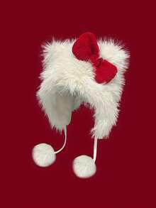 Cute Bow Plush White Earmuff Hat, Thick Warm Fluffy Beanie For Women, Daily Wear In Autumn/Winter - Multicolor - View 3