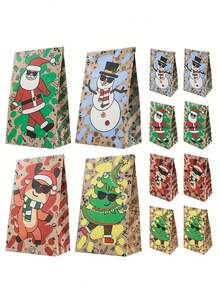 12pcs/1pc Cartoon Christmas Pattern Gift Bags (Snowman, Christmas Tree, Santa Claus) - Perfect For Party Favors, Winter Theme Event Prizes, Christmas Dinner, Birthday Party And More - One Size Fits All - View 1