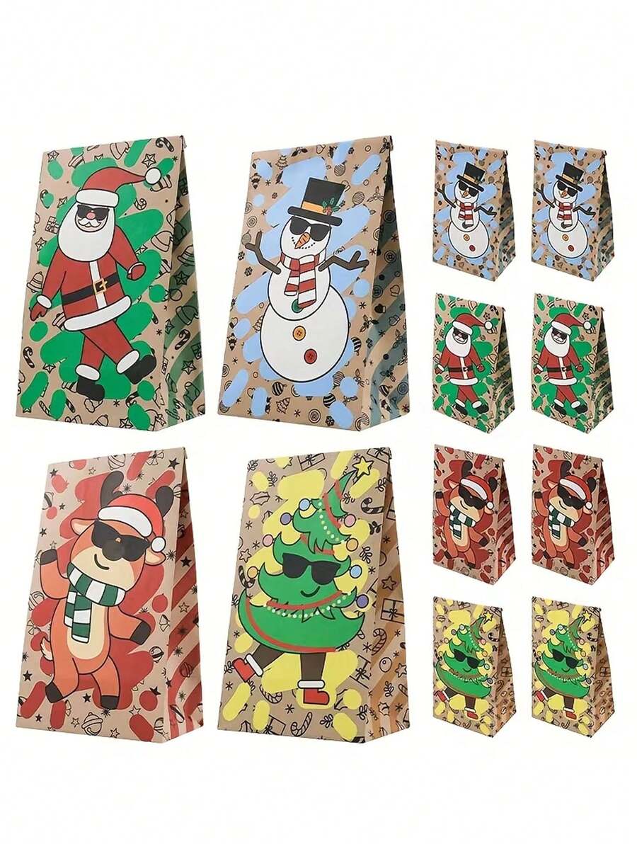 12pcs/1pc Cartoon Christmas Pattern Gift Bags (Snowman, Christmas Tree, Santa Claus) - Perfect For Party Favors, Winter Theme Event Prizes, Christmas Dinner, Birthday Party And More - One Size Fits All - View 1