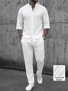 Conjunto de 2 piezas para hombre de estilo vacacional, camisa de manga media con cuello alto, cordón y bolsillos, de tela jacquard acanalada ligera para primavera/verano, pantalones largos texturizados, esencial para salidas de hombre, estilo minimalista maduro para ir al trabajo, textura vertical / textura plisada, vacaciones en la playa / citas diarias - Blanco - Ver 5