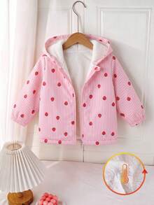 Girls' Casual Fashion Striped Strawberry Print Zipper Thick Hooded Jacket, Autumn/Winter - Pink - View 2