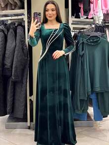 Formal Dresses For Women Old Money Velvet Maxi Dress, Square Neck Puff Sleeve Rhinestone Trim Formal Evening Gown - Dark Green - View 1