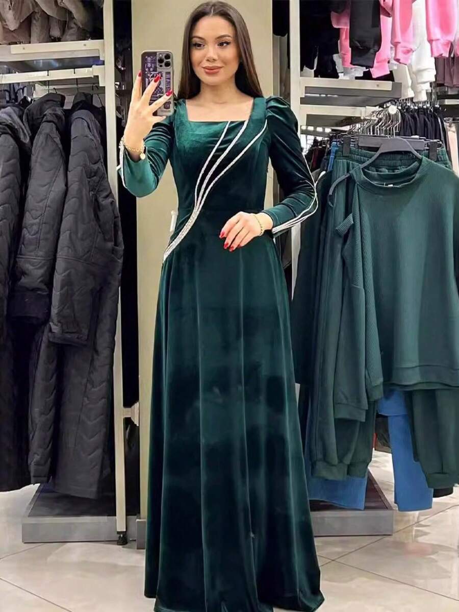 Formal Dresses For Women Old Money Velvet Maxi Dress, Square Neck Puff Sleeve Rhinestone Trim Formal Evening Gown - Dark Green - View 1