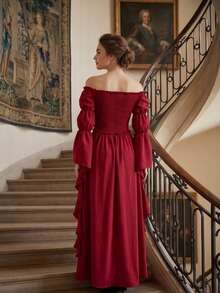 Vintage Medieval Court Style Women's European American Stage Performance Gentle Long Dress, Off-Shoulder Ruffle Bell Sleeve Dress - Red - View 4