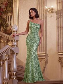 ADYCE Elegant & Charming Sequin Embroidered One-Shoulder High-Waist Backless Floor-Length Evening Gown, Suitable For Wedding Guest, Prom, Homecoming, Date Night, Autumn Birthday - Green - View 1