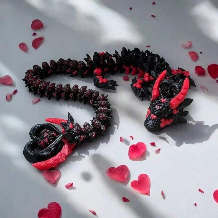 Rollable Heart Tail 3D Printed Black Dragon Model, Fully Articulated Joints For Free Shaping, Dark Style Couple Commemorative Small Gift, Fingertip Stress Relief Desktop Decor Collectible Figurine, Birthday/Halloween/Thanksgiving/Christmas Gift
