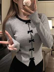 秋冬韓系甜美女孩休閒學院風撞色圓領蝴蝶結長袖女款修身針織保暖內搭上衣 - 灰色 - 查看 2