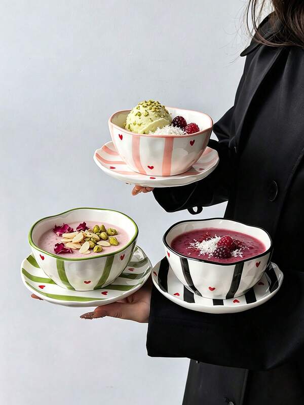 1 Set Korean Ins Style Striped Heart Ceramic Bowl And Plate Set, Can Be Used As Dessert Bowl, Ice Cream Bowl, Breakfast Cereal Bowl, Plate Can Hold Desserts And Snacks, Home Fresh Tableware, Wedding Gift, Valentine's Day Gift, Microwave And Dishwasher