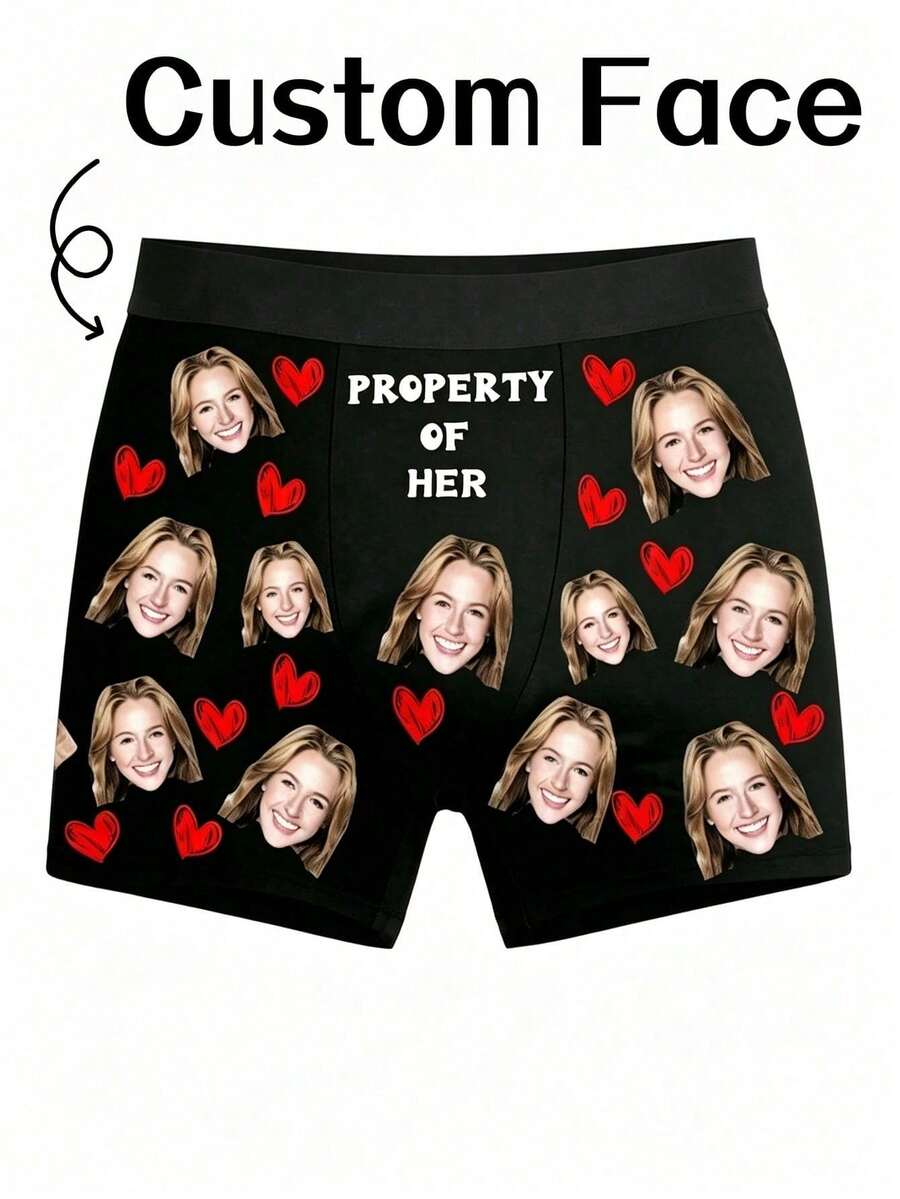 1pc Men's Customized Photo Print Black Elastic Fabric Comfortable Slim Fit Romantic Personalized Boxer Briefs, Suitable For Valentine's Day/Gift Occasions - Multicolor - View 1