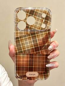 時尚不對稱格紋軟手機殼，相容 iPhone 17ProMax 17Pro 17 16ProMax 16Pro 16 15 14 13 Pro Max，鏡頭保護後蓋 - 棕色 - 查看 3