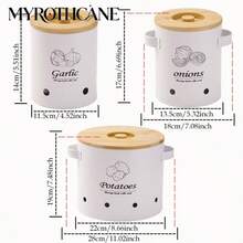 MYROTHCANE 3 Packs Ventilated Potato Onion Garlic Storage Canisters, White Metal Vegetable Storage Tins With Bamboo Lid & Side Handles, Breathable Holes Kitchen Pantry Organizer Containers For Potatoes Onions Garlic Storage - White - View 14