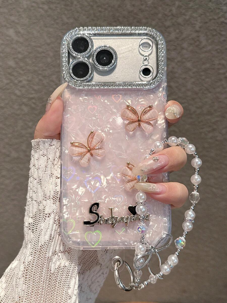 優雅蝴蝶愛心粉色手機殼 + 手腕掛繩，適用於 iPhone 18 Pro Max/18 Pro/18/17 Pro Max/17 Pro/17/16 Pro Max/16/16 Pro/16 Plus/15/15 Pro Max/15 Pro/15 Plus/11/12/13/14 Pro Max/12 Pro/12 Pro Max/13 Pro/13 Pro Max/14 Pro，全包防摔硬殼