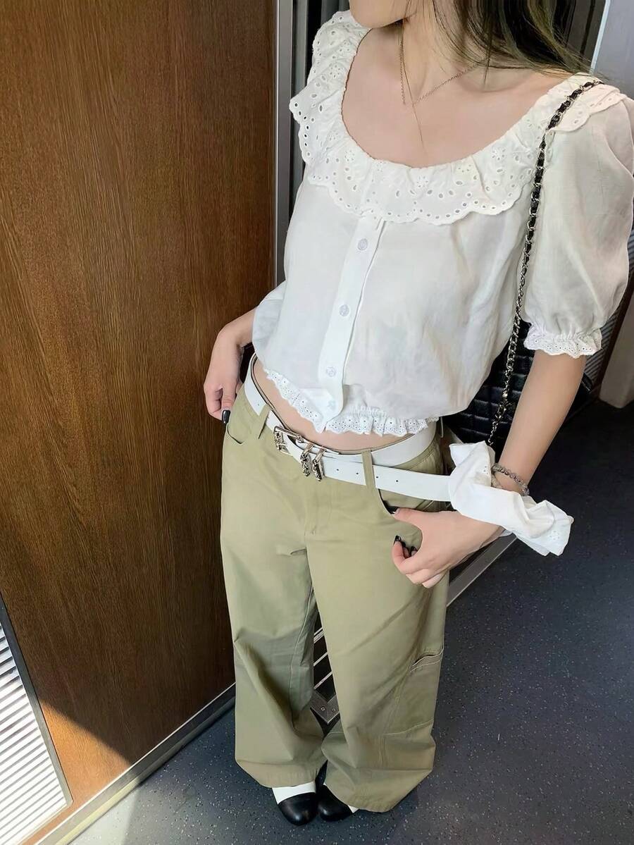 女款白色修身法式蕾絲飾邊亞麻襯衫,夏季上衣 - 白色 - 查看 1