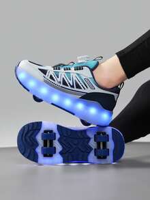 Unisex LED Rechargeable Light-Up Roller Shoes, Children's Multi-Functional Transformable Roller Skates With Detachable Wheels, Suitable For All Seasons, Outdoor And Sports Skating - Blue - View 4