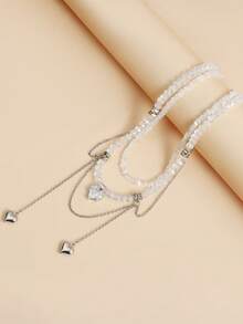 1 Set 2pcs Heart-Shaped Rhinestone Double Chain Tassel Design Collarbone Necklace, INS Luxury Crystal Necklace - White - View 4