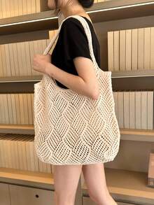 夏季大容量鏤空針織托特包，女款輕量透氣純色編織手提包，適合海灘旅行度假海灘包 - 杏色 - 查看 8