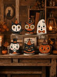 6pcs/3pcs/1pc Vintage Halloween Decor, Indoor Desktop Tray Ornament, Cute Ghost Pumpkin Black Cat Skeleton Witch Owl Home Decor, Vintage Decoration, Cute Ghost, Pumpkin, Black Cat, Skeleton, Witch Owl, Housewarming Gift, Warming Gift, Party Gift, Halloween, Halloween Decoration, Autumn Decor, Halloween Ornament - Flat Style - View 3