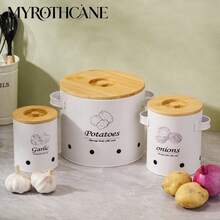 MYROTHCANE 3 Packs Ventilated Potato Onion Garlic Storage Canisters, White Metal Vegetable Storage Tins With Bamboo Lid & Side Handles, Breathable Holes Kitchen Pantry Organizer Containers For Potatoes Onions Garlic Storage - White - View 5