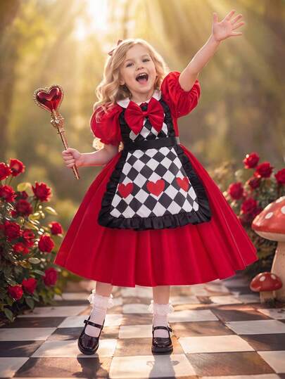 Young Girl Red Petal Sleeve Bow Elegant Girl Halloween Party Dress Queen Of Hearts Princess Gown Suitable For Girls Birthday Party Evening Gala Dance Festival Celebration Stage Performance Costume