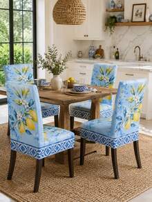 Detachable Elastic Spandex Chair Cover, Light Blue Lemon Dining Chair Protective Cover, Used For Home Living Room, Kitchen Decoration Products, Reusable, Very Suitable For Thanksgiving And Christmas Holidays, Bedroom And Office Furniture Protection. - B - View 5