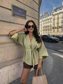 Linen Solid Color Casual Elegant Tie-Waist Crossover Belt - Green - View 3