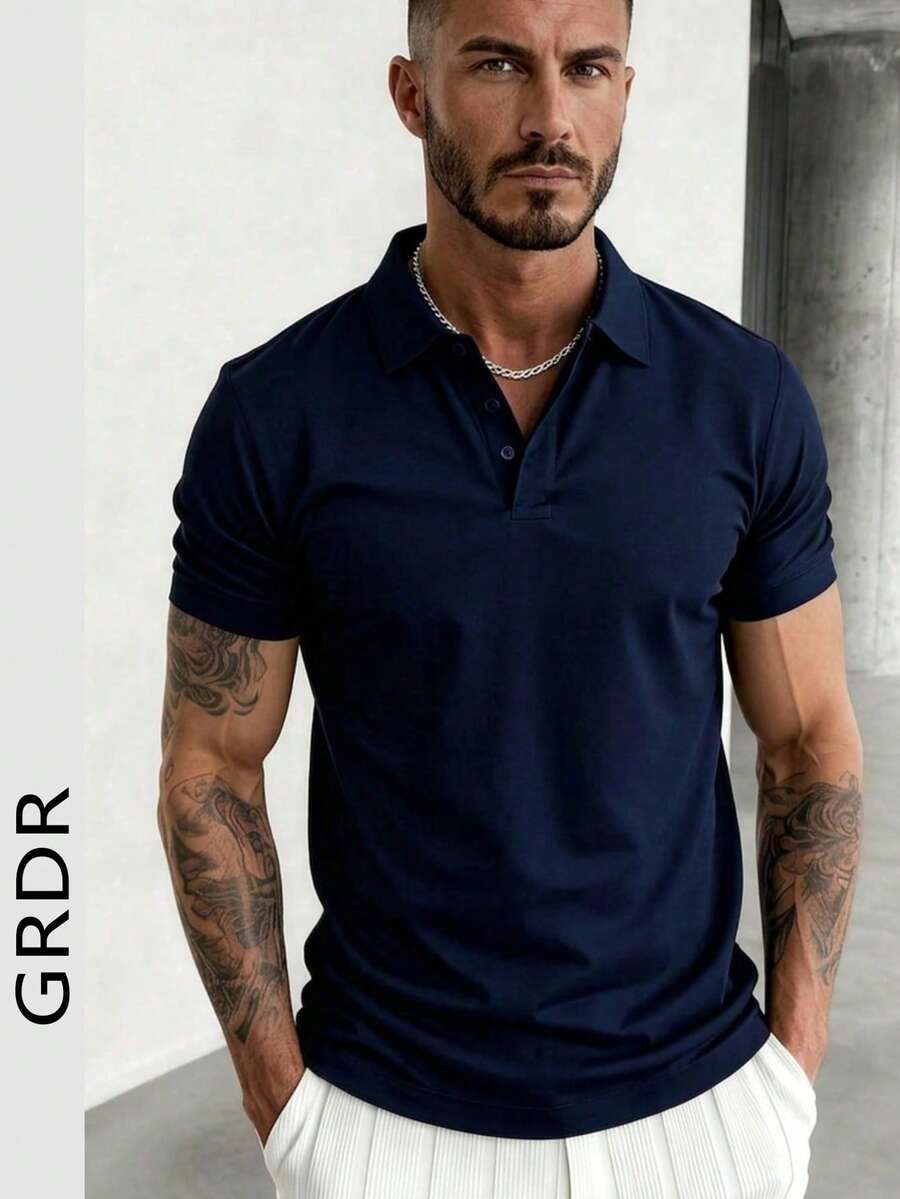 GRDR 男士时尚短袖休闲通勤 Polo 衫 - 藏蓝色 - 查看 1