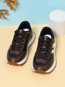 Children's Retro Colorblock Patchwork Sneakers, Three-Stripe Lace-Up Low-Top Casual Shoes, With Shock-Absorbing Rubber Sole, Suitable For Daily Sports Wear - Brown - View 4