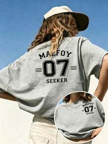 Women Crew Neck Tee, Malfoy 07 Seeker Back Print Short Sleeve, Stretchy All Season Casual Spring Summer Autumn Daily Printed Top, Graphic Summer Tops - 灰色 - 查看 8