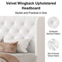 Modern Velvet Upholstered Bed Frame With Curved Wingback Design, Wooden Platform Bed Frame For Bedroom, Full Bed Frame/ Queen Bed Frame/ King Bed Frame/ Full Size Bed Frame/ Queen Size Bed Frame/ King Size Bed Frame,Pink/ White/ Grey - 白色 - 查看 3