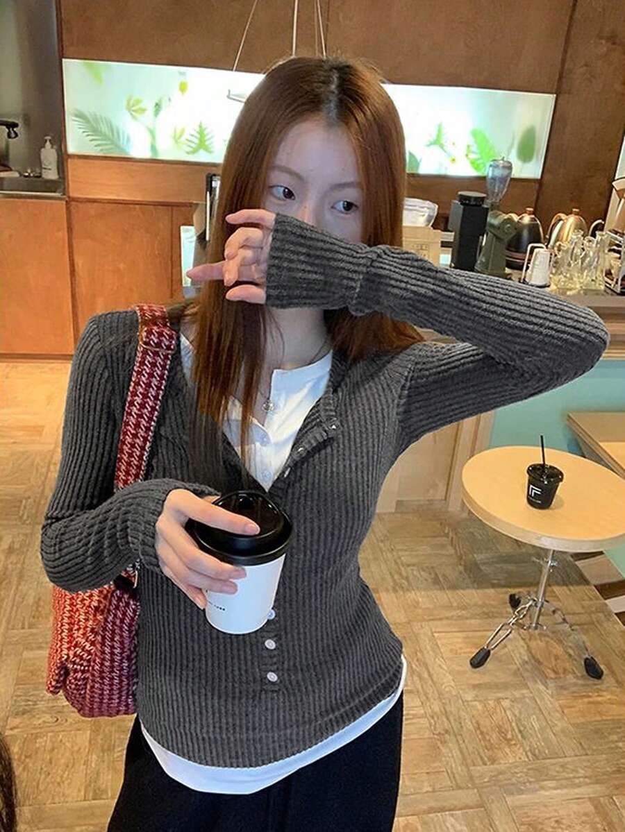 Women's 2-In-1 Color Block Patchwork Long Sleeve Knit T-Shirt, Slim Fit Versatile Base Layer Top - Grey - View 1