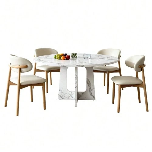 Modular Round Dining Table Set Consisting Of 1 Dining Table And 2 Dining Chairs, MDF Table With White Marble Effect, Dining Chairs With Oak Legs For Dining Room And Living Area - 白色1 - 查看 1