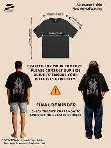 230g Washed Double-Sided Printed Short Sleeve-Shirt, Round Neck Relaxed Fit Casual Tee, Soft Lightweight Versatile Basic Top Daily Wear. - Black - View 6