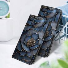 GLANDOTU PU皮革翻蓋手機殼，藍色與金色牡丹花紋，附卡槽與支架，磁吸錢包式皮革保護殼，適用多款品牌與機型 - 彩色 - 查看 6