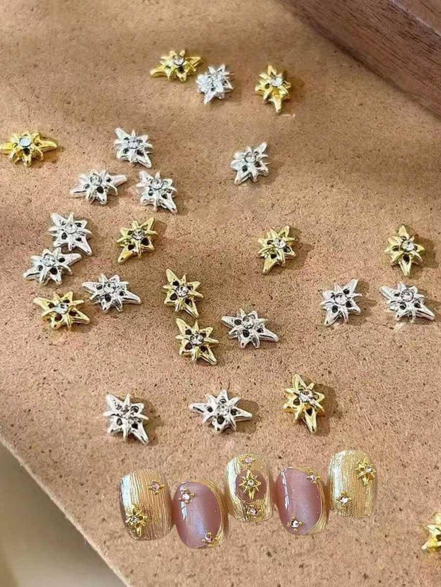 5 Peças Novos Encantos de Arte de Unhas com Strass Estrela Dourado & Prata Estrela de 8 Pontas Acessórios de Unhas de Liga de Strass Vestíveis Decoração de Unhas Estilo Coreano & Japonês Qualidade de Salão de Unhas - Multicolorido - Visão 1