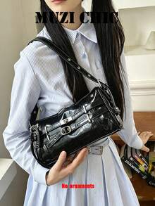Black Motorcycle Style Rectangular Shoulder Purse, Double Belt Metal Buckle Detail Adjustable Single Strap Small PU Crossbody Bag For Daily Dating - Black - View 6